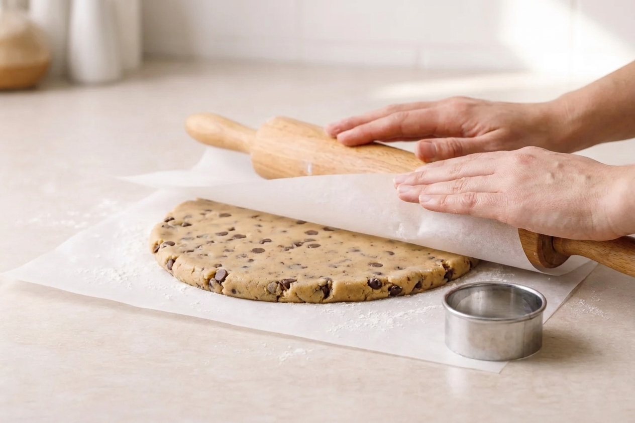 Cookie dough rolled between sheets of parchment paper on a countertop, with a rolling pin and a small cutter nearby