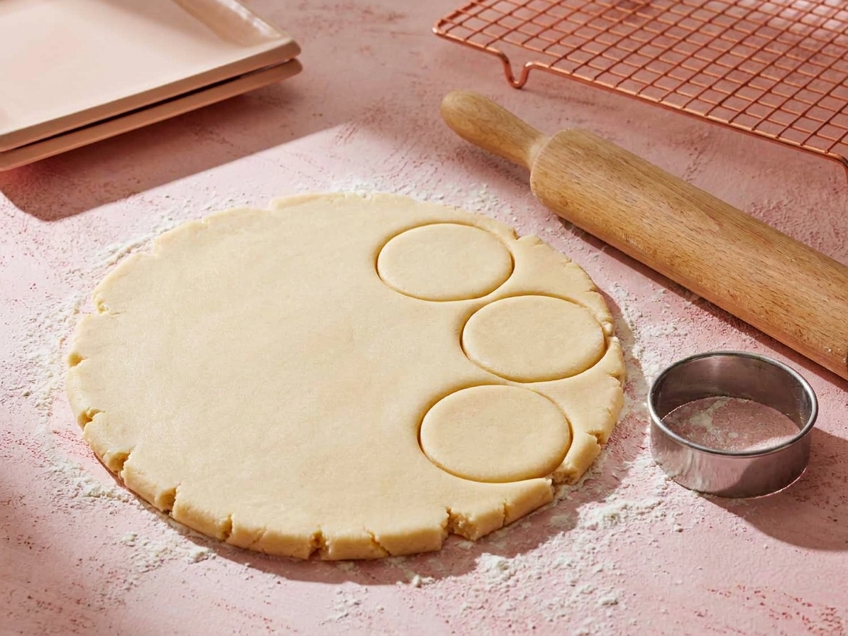 Cookie dough rolled into a thick sheet on a lightly dusted counter with a rolling pin and round cookie cutter nearby
