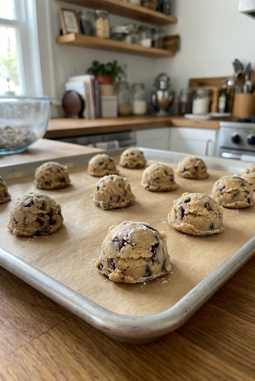 Cookie dough scoops spaced on a parchment-lined baking sheet ready to go into the oven