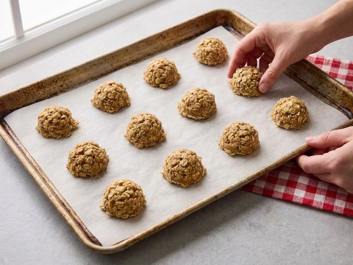 Cookie dough scoops spaced on a parchment-lined baking sheet