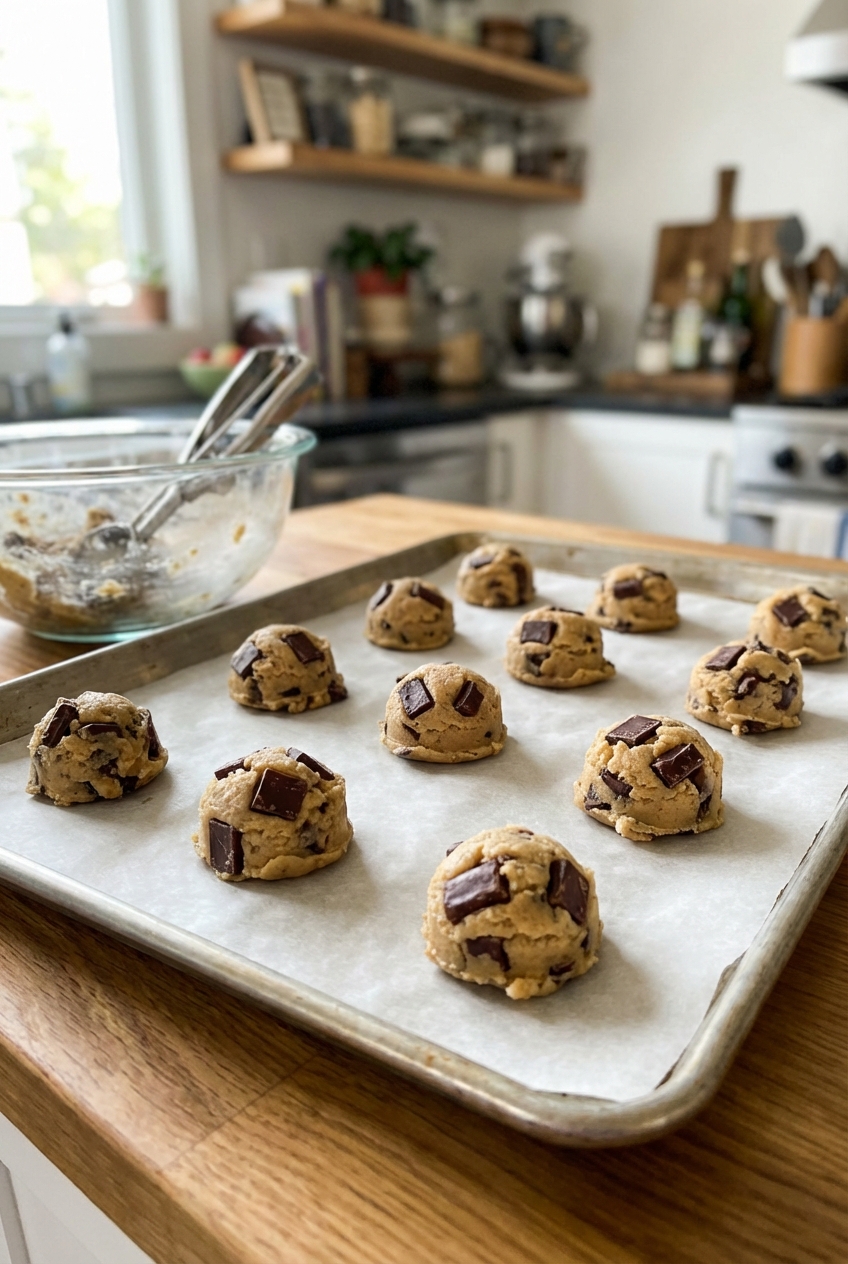 Cookie dough scoops studded with chocolate chunks on a parchment-lined tray ready to chill