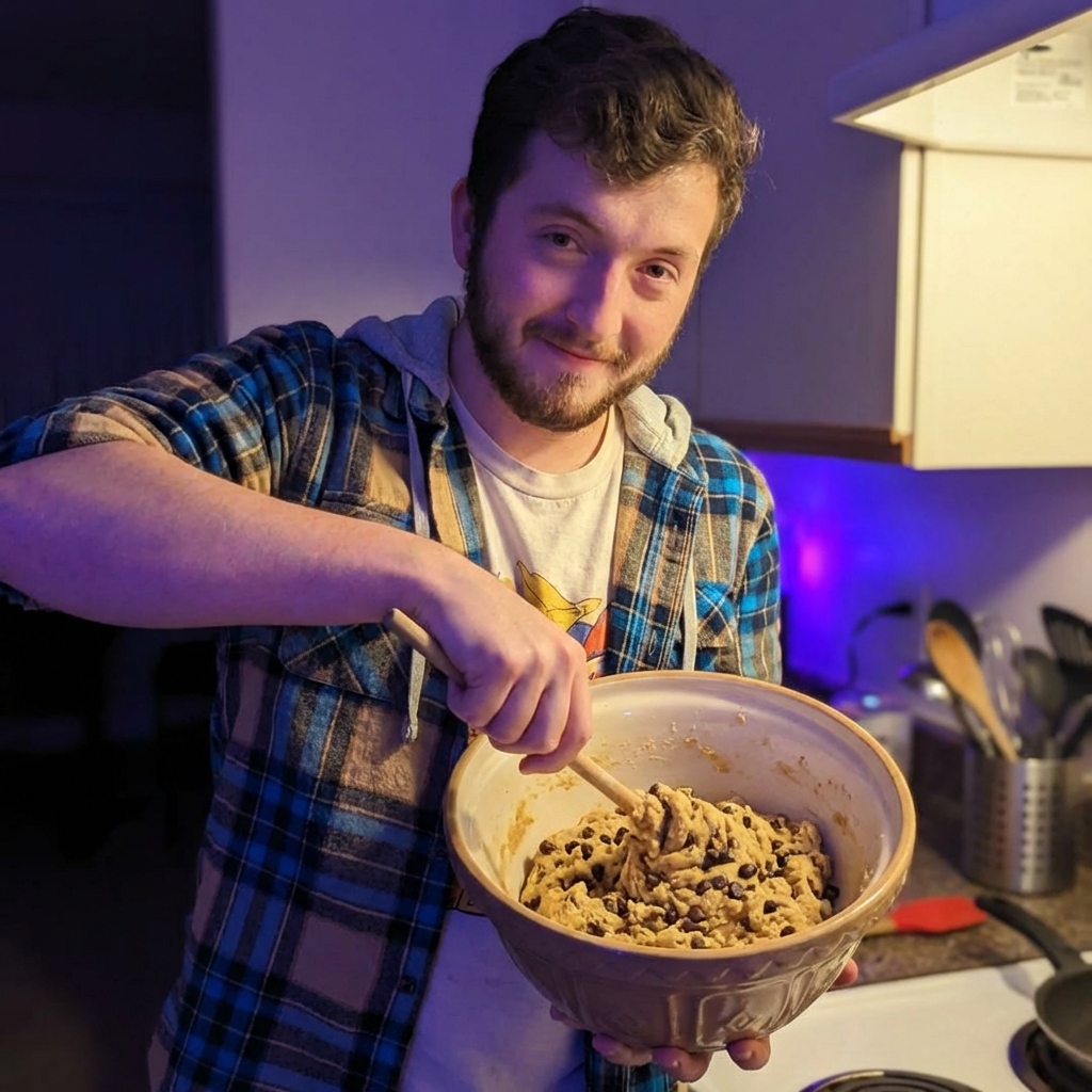 Cookie dough with chocolate chips in a mixing bowl with a wooden spoon