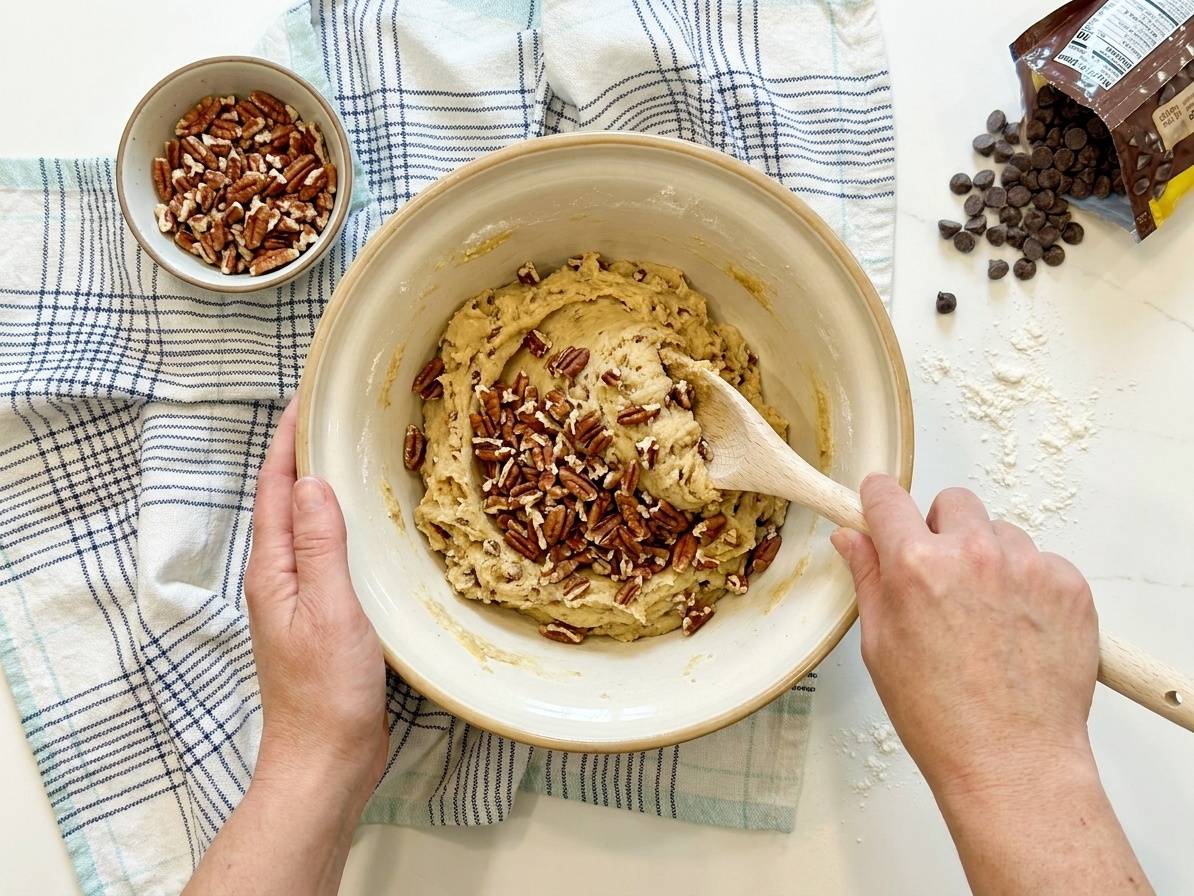 Cookie dough with chopped nuts being folded together in a mixing bowl on a kitchen counter