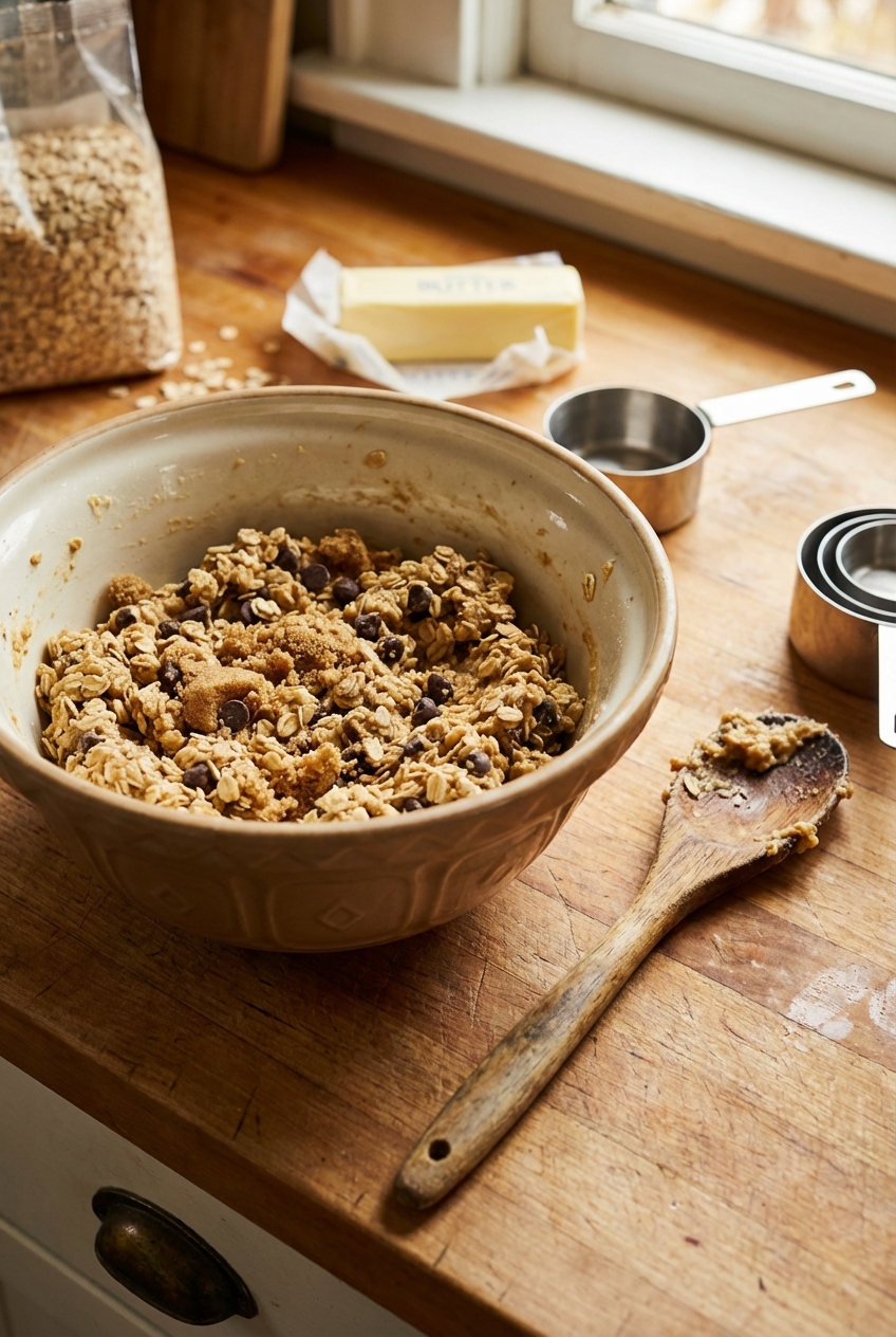 Cookie dough with oats in a mixing bowl next to a wooden spoon on a countertop