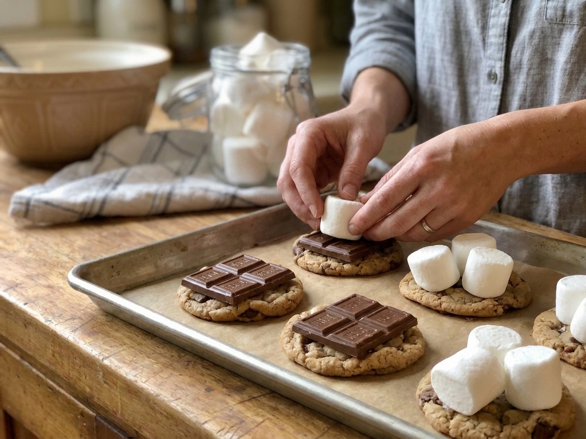 Cookie halves on a parchment-lined sheet pan with chocolate on some cookies and marshmallows on others