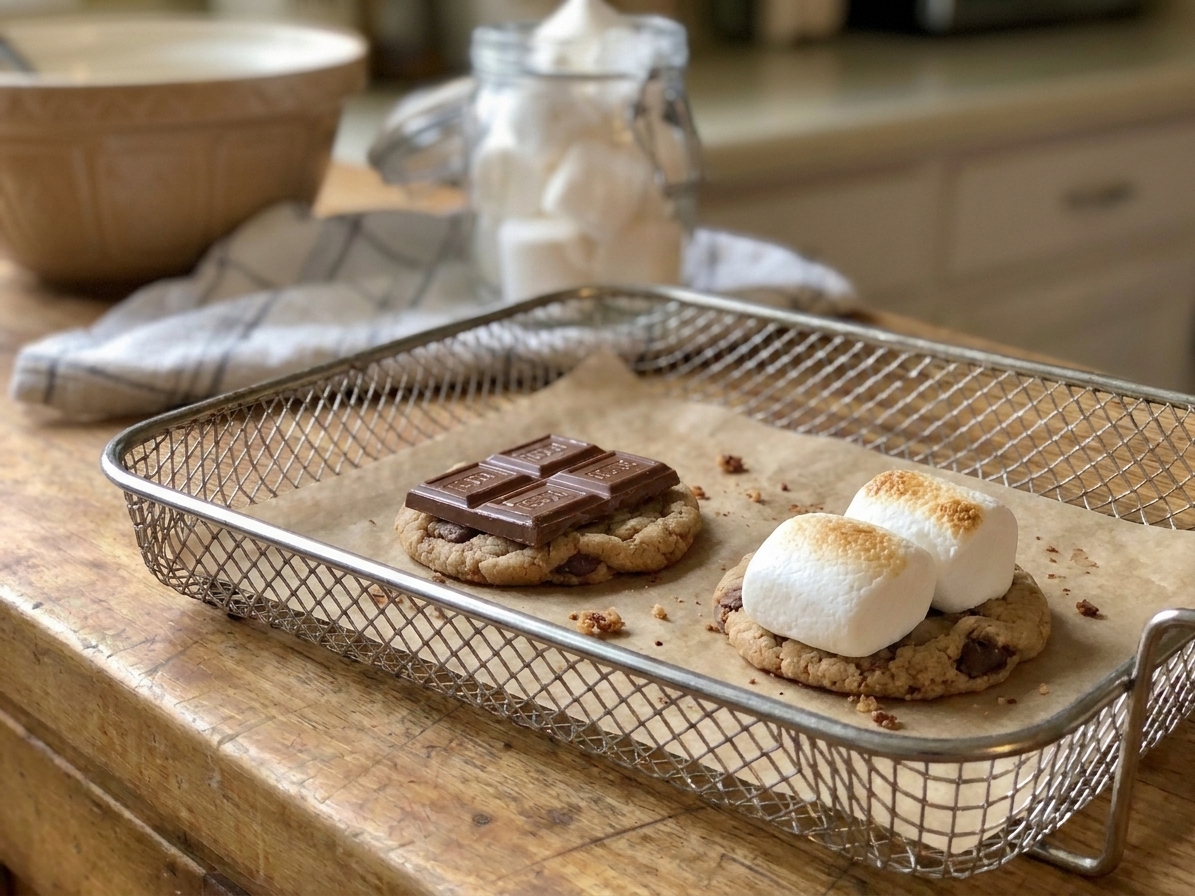 Cookie s’mores components inside an air fryer basket, one topped with chocolate and one topped with a marshmallow
