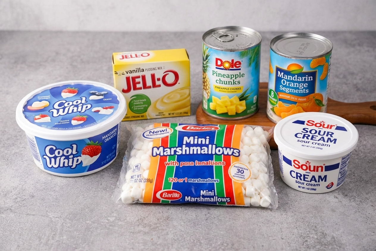 Cool Whip tub, instant vanilla pudding mix, canned pineapple, canned mandarin oranges, mini marshmallows, and sour cream arranged on a clean kitchen counter