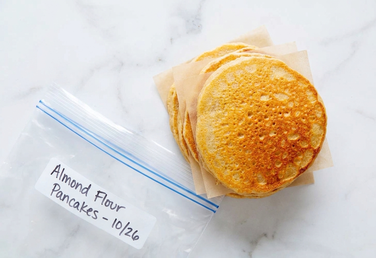 Cooled almond flour pancakes stacked with parchment paper between each pancake next to a labeled freezer bag on a kitchen counter