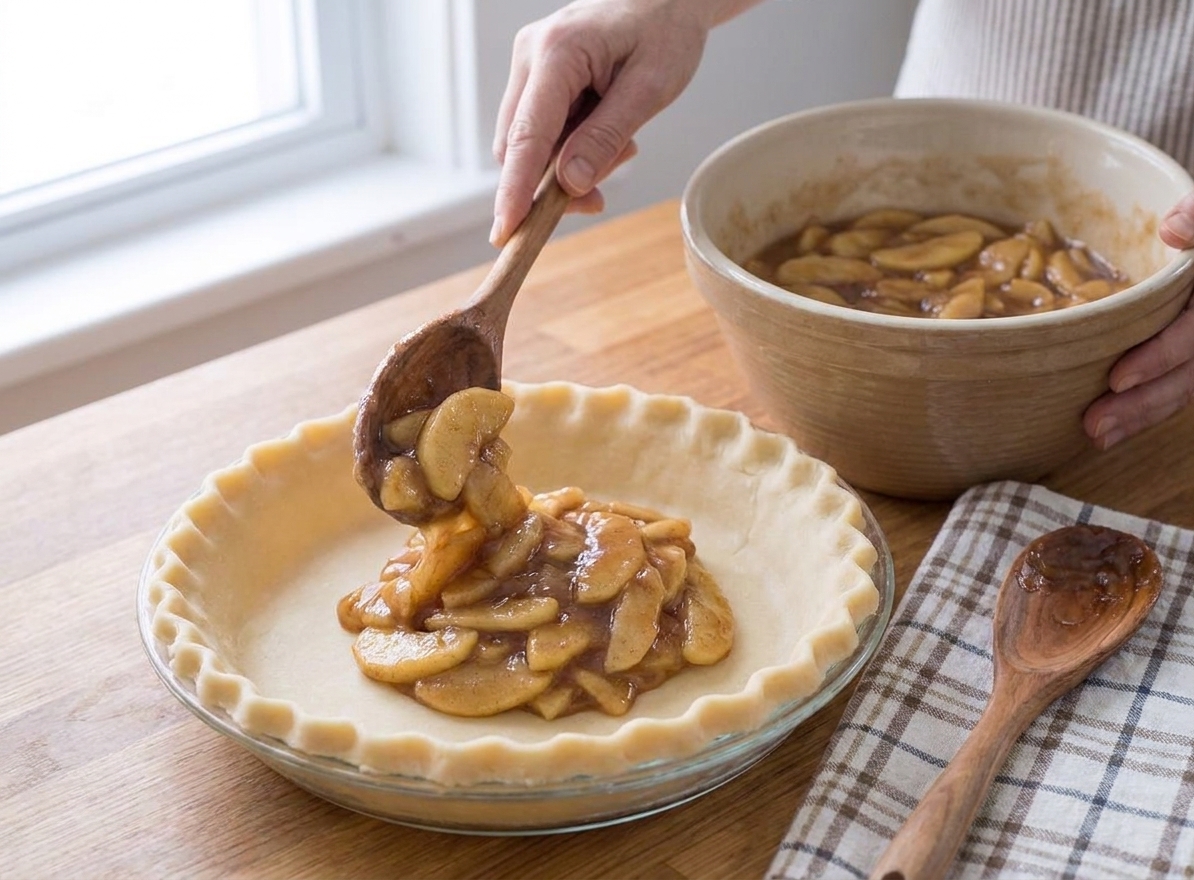 Cooled apple pie filling being spooned into an unbaked pie crust in a glass pie dish on a wooden counter