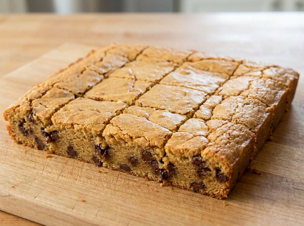 Cooled blondies sliced into neat squares on a wooden cutting board, chocolate chips visible in the bars, soft natural light