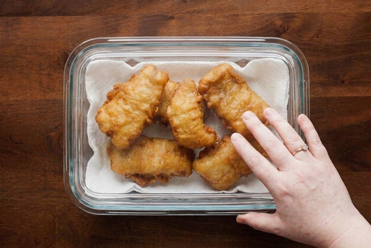Cooled fried fish stored in an airtight container lined with paper towels for leftovers