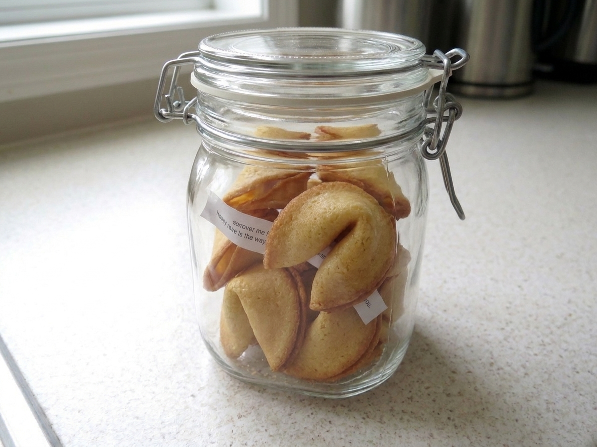 Cooled homemade fortune cookies in an airtight glass container on a kitchen counter