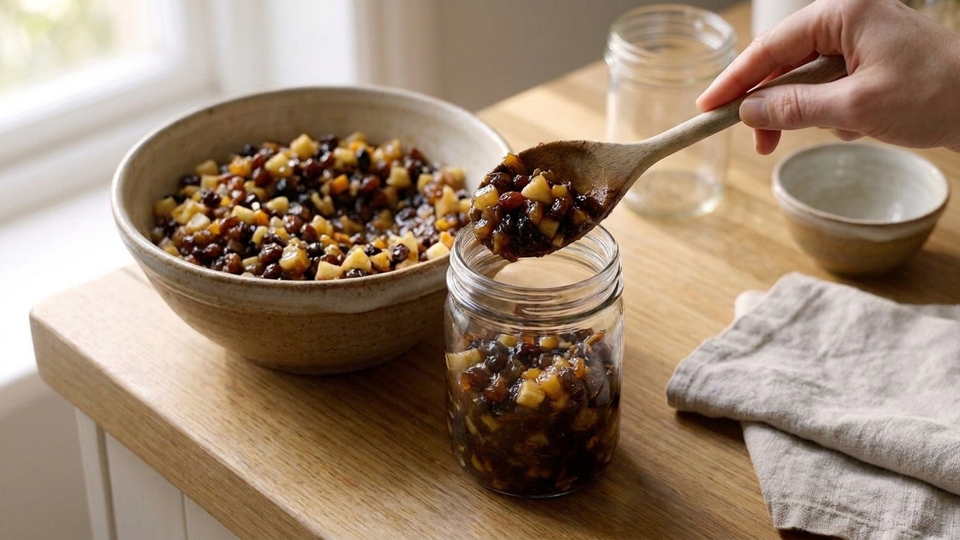 Cooled homemade mincemeat spooned into a clean glass jar on a kitchen counter