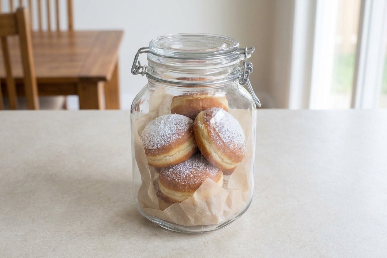 Cooled paczki stored in an airtight container lined with parchment on a kitchen counter