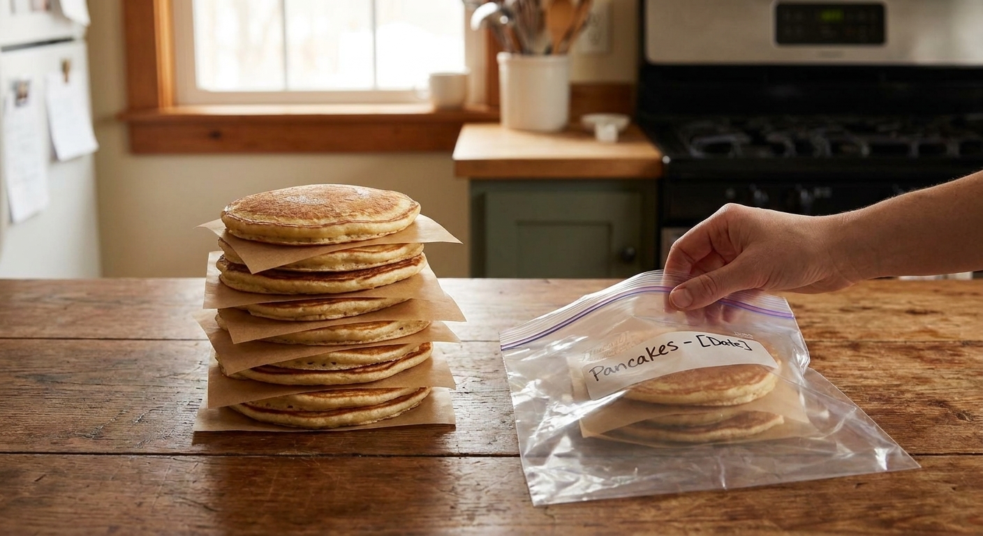 Cooled pancakes stacked with parchment paper between layers next to a labeled freezer bag on a kitchen counter