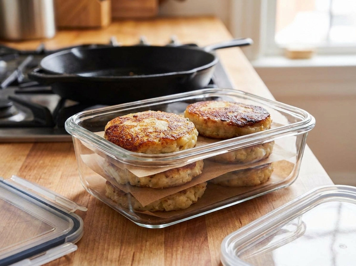 Cooled potato cakes stacked with parchment paper in a glass airtight container on a kitchen counter
