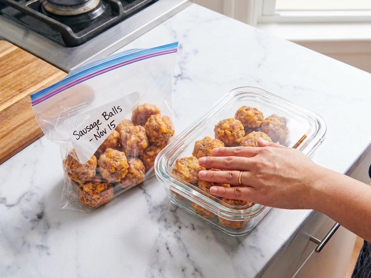 Cooled sausage balls stored in a glass airtight container on a kitchen counter next to a labeled freezer bag