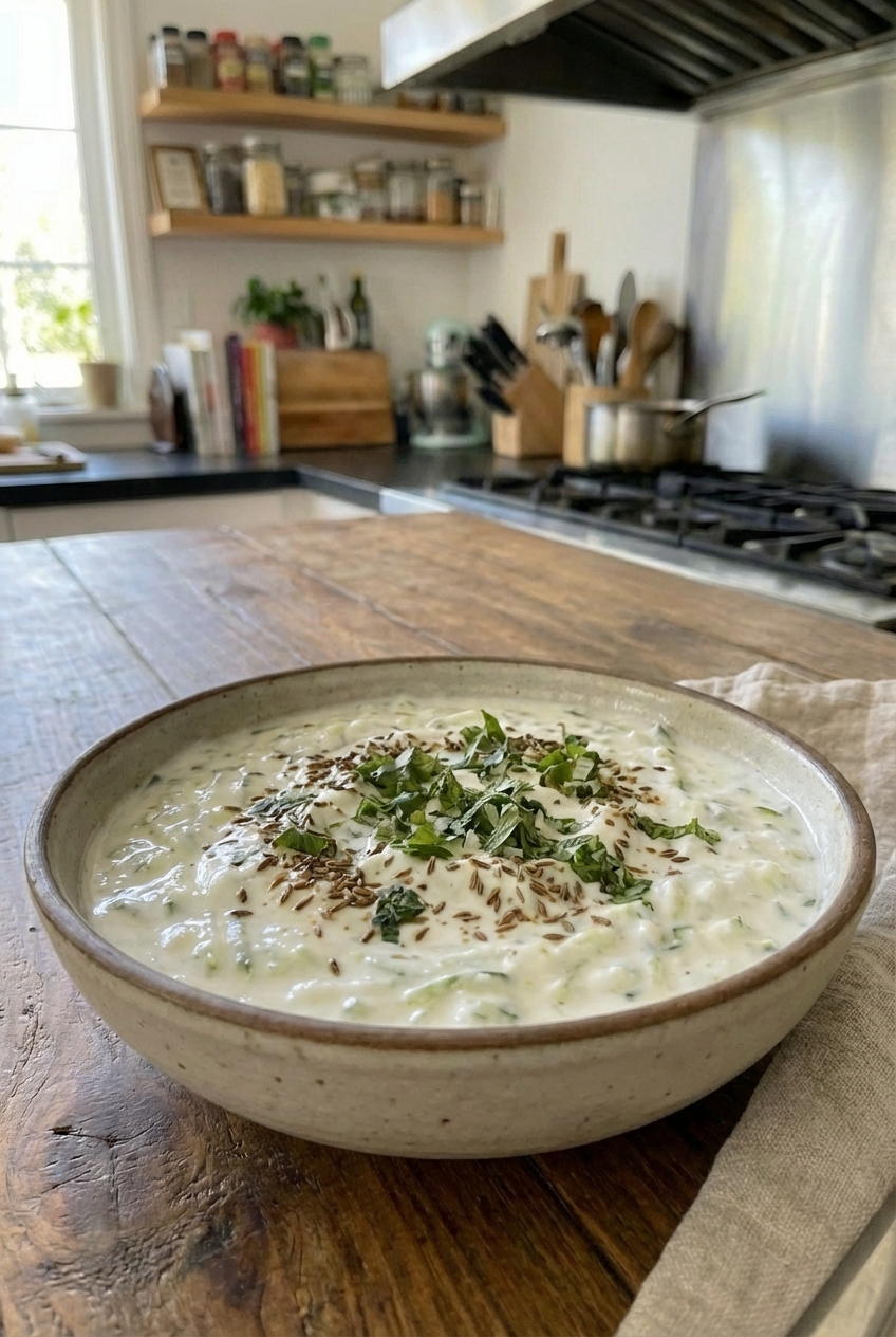 Cooling cucumber raita in a small bowl topped with cumin and chopped herbs