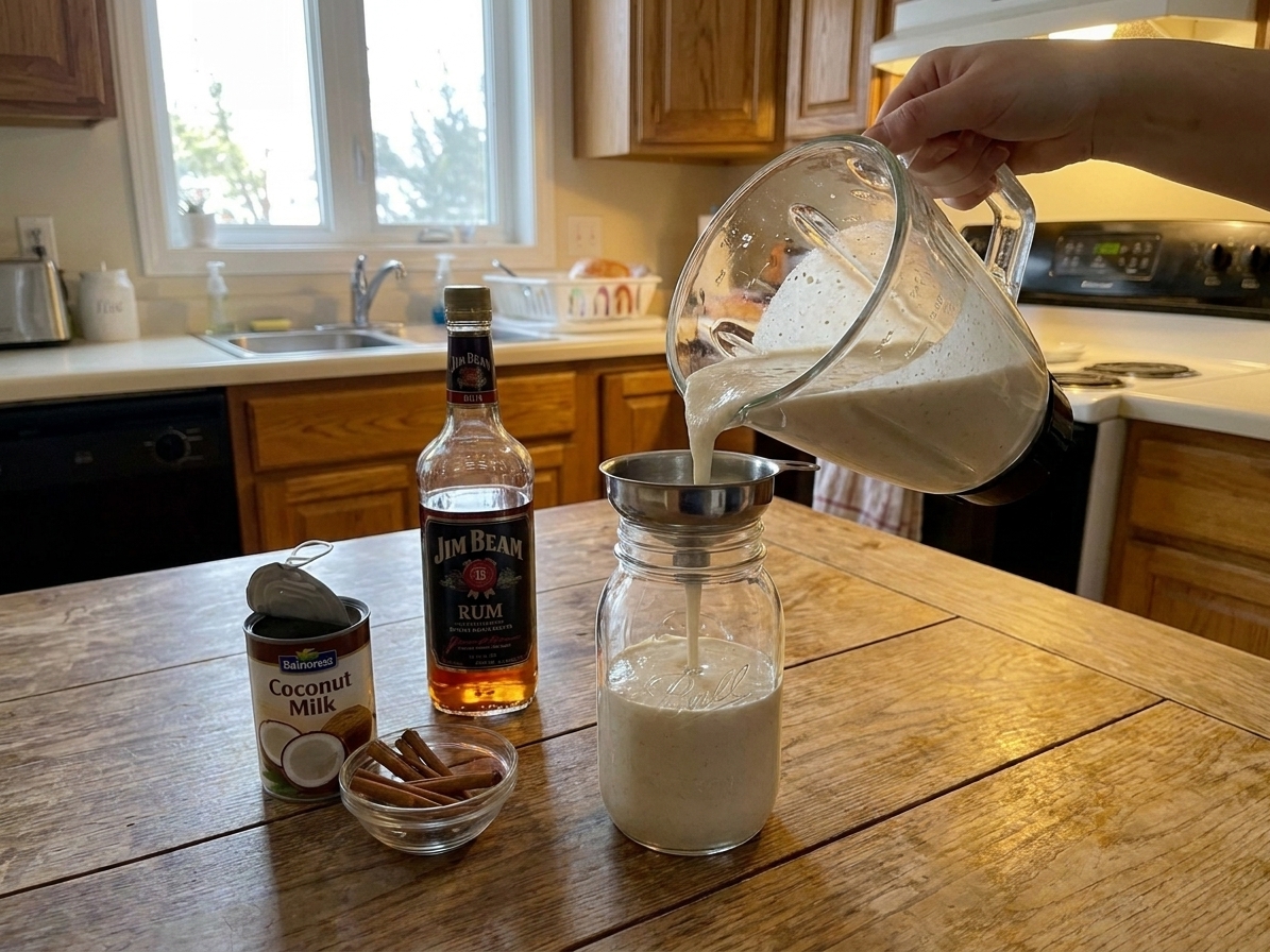 Coquito being poured from a blender into a glass bottle using a small funnel on a kitchen counter