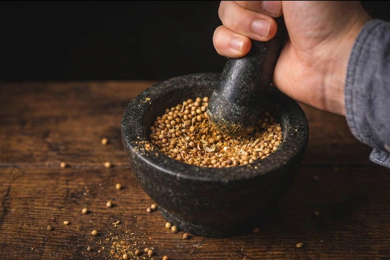 Coriander seeds being lightly crushed in a small mortar and pestle on a clean kitchen counter