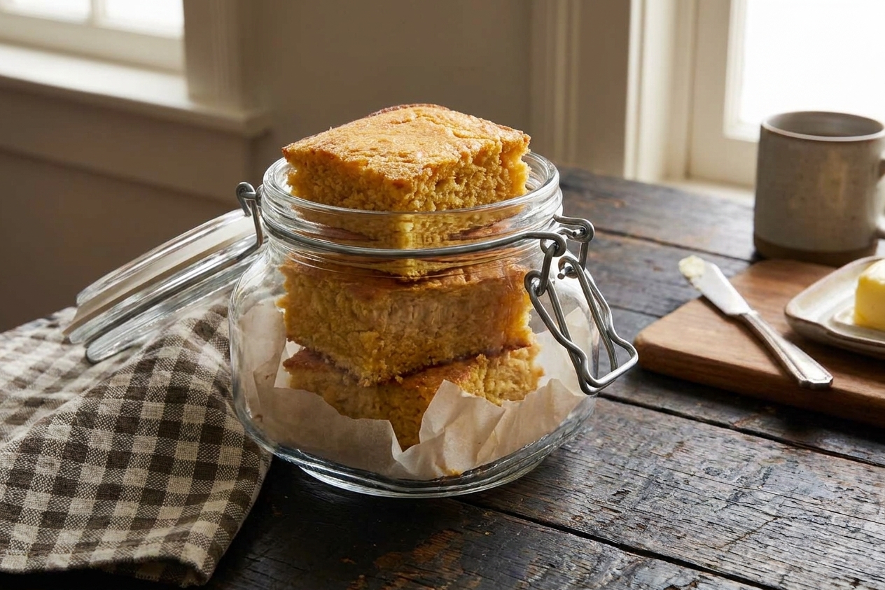 Corn bread squares stacked in an airtight glass container lined with parchment paper on a kitchen counter, soft warm lighting