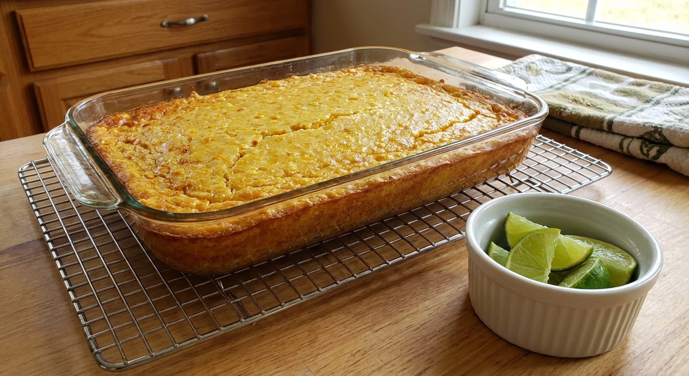 Corn casserole cooling in the baking dish on a wire rack with a small bowl of lime wedges beside it