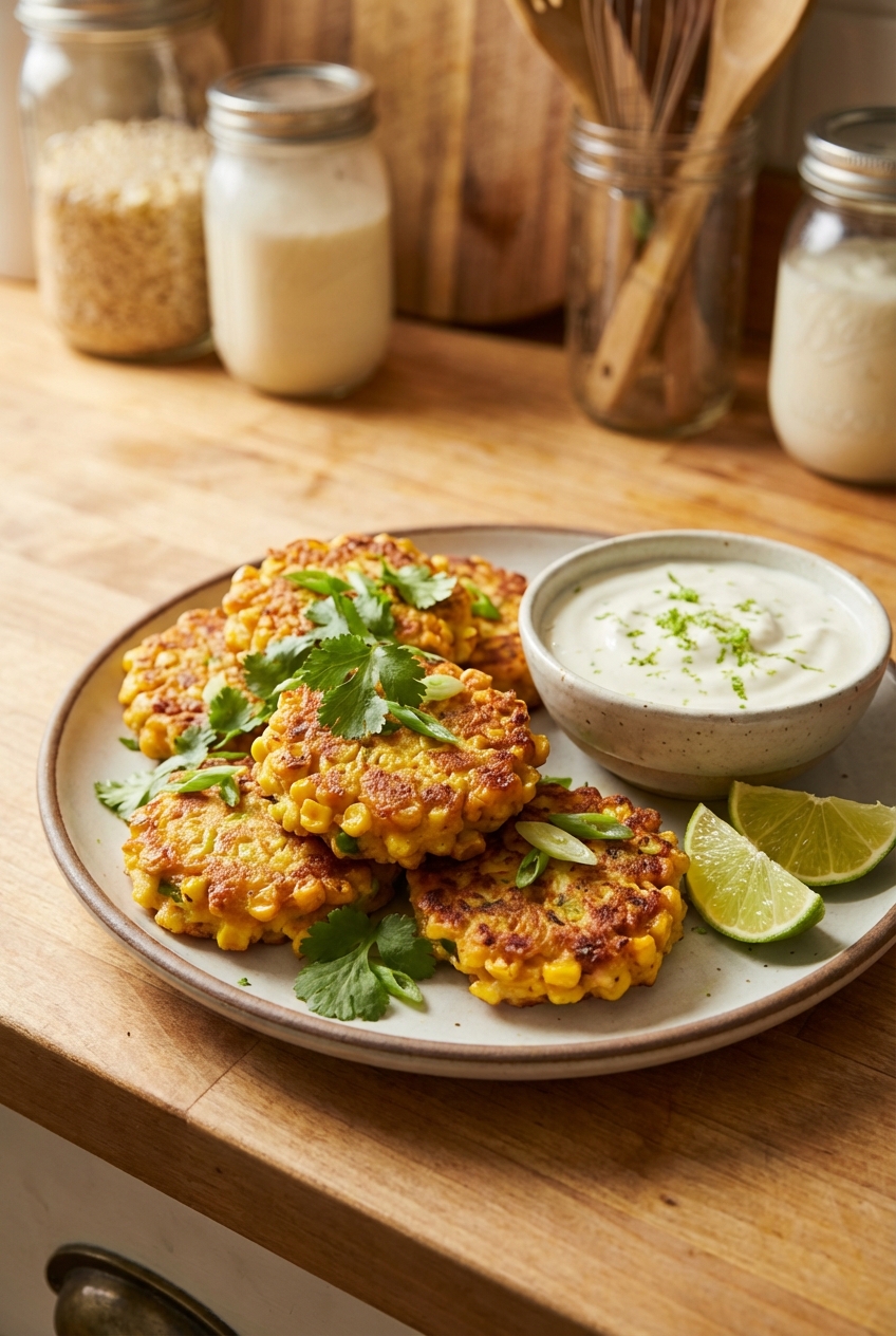 Corn fritters on a plate with a small bowl of lime yogurt sauce and lime wedges