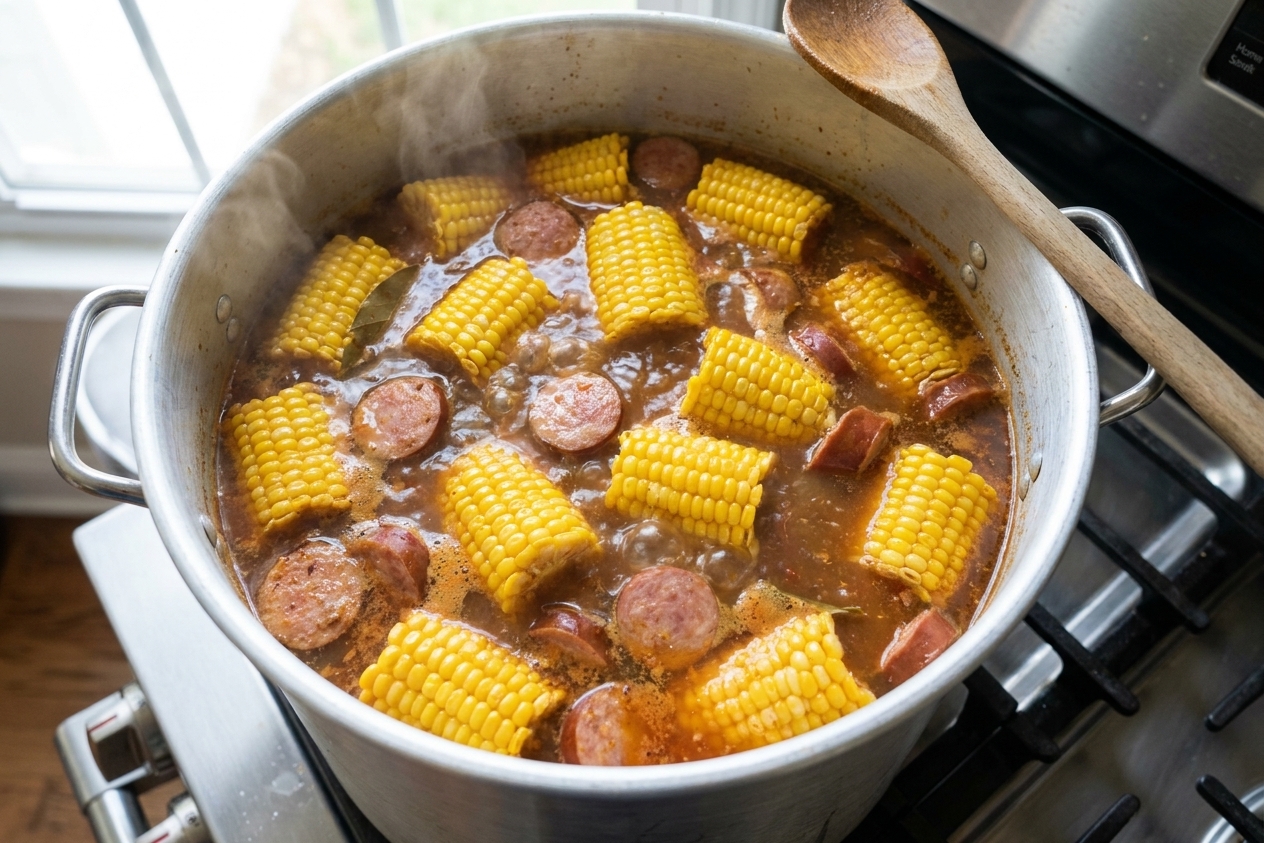 Corn halves and sliced sausage simmering in a large stockpot on a home stove