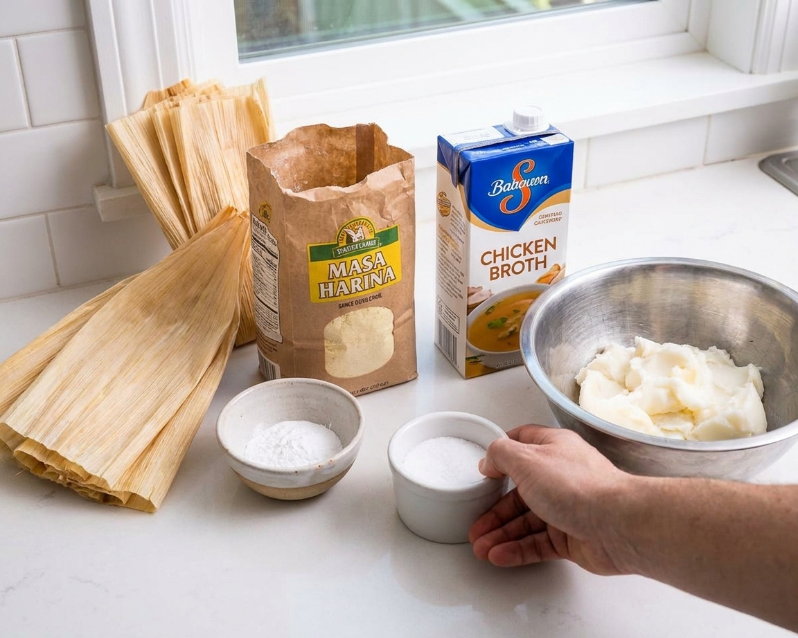 Corn husks, masa harina, baking powder, salt, broth, and a bowl of lard arranged on a clean kitchen counter under soft natural light
