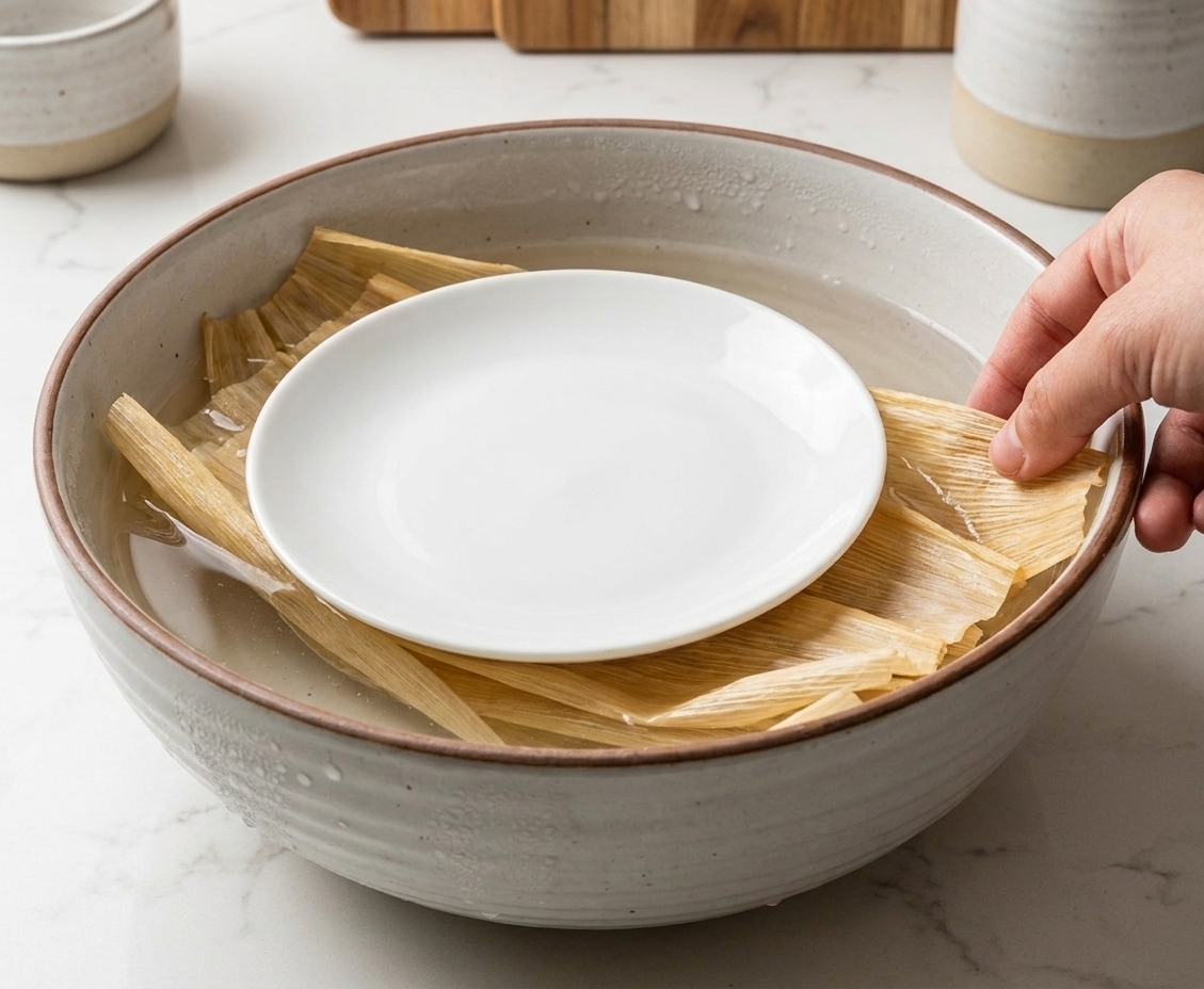 Corn husks soaking in a large bowl of warm water with a plate weighing them down on a kitchen counter
