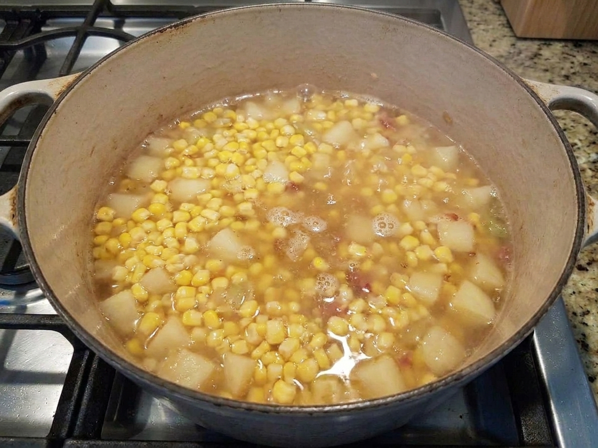 Corn kernels and diced potatoes simmering in a clear savory broth inside a large pot on the stove