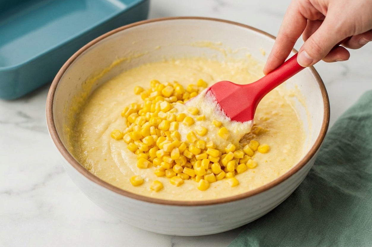 Corn kernels being folded into thick cornbread pudding batter with a rubber spatula in a mixing bowl on a bright, neutral kitchen counter