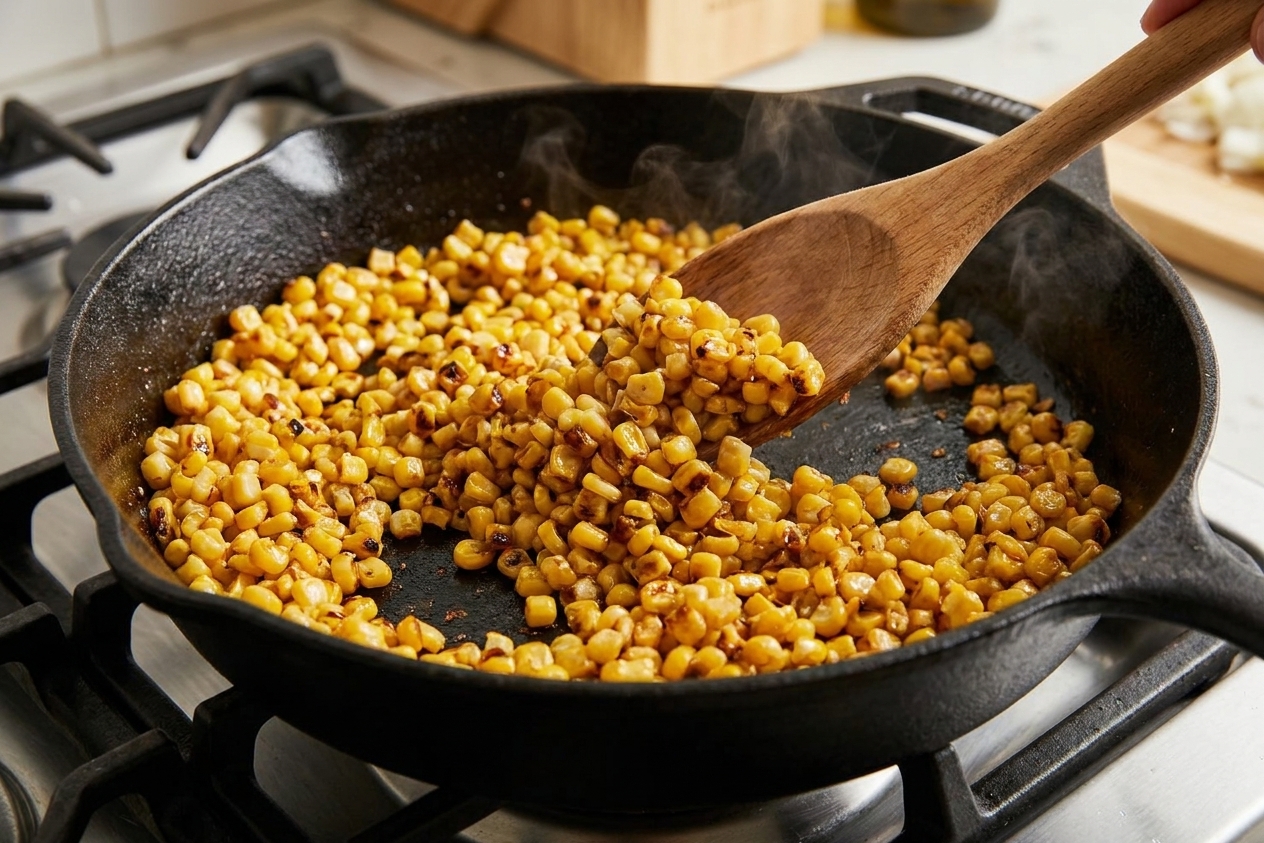 Corn kernels browning in a cast-iron skillet as a wooden spoon stirs through the pan on a home stove