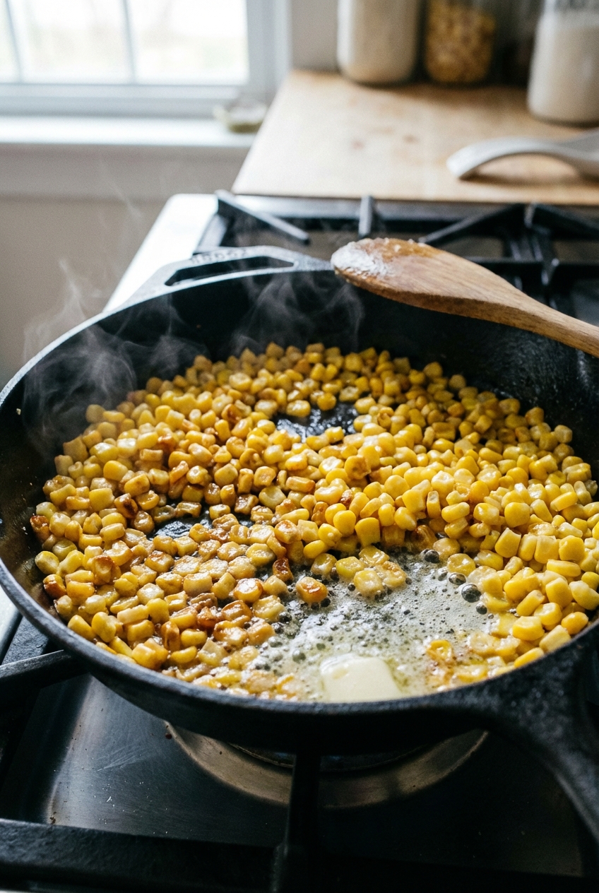 Corn kernels browning in butter in a skillet