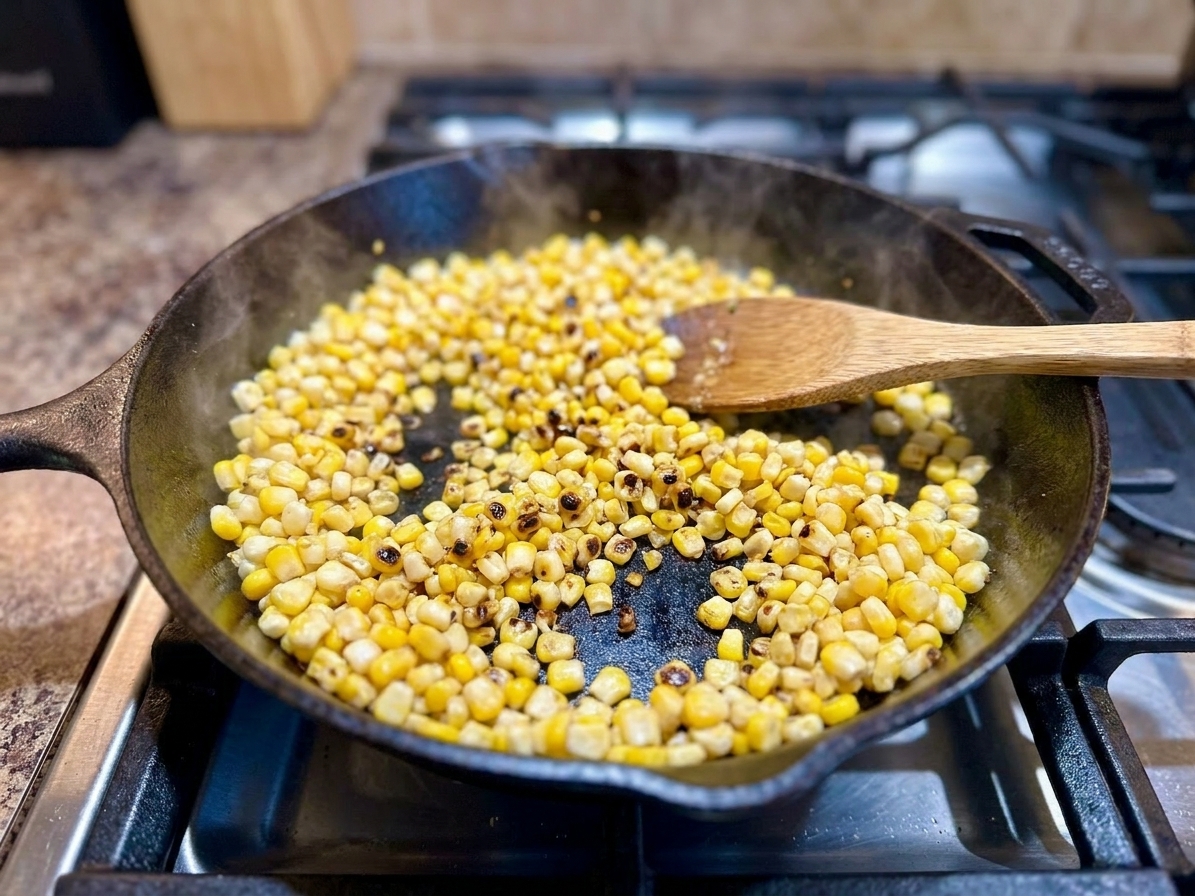 Corn kernels charring in a hot cast iron skillet with browned spots forming over a stovetop