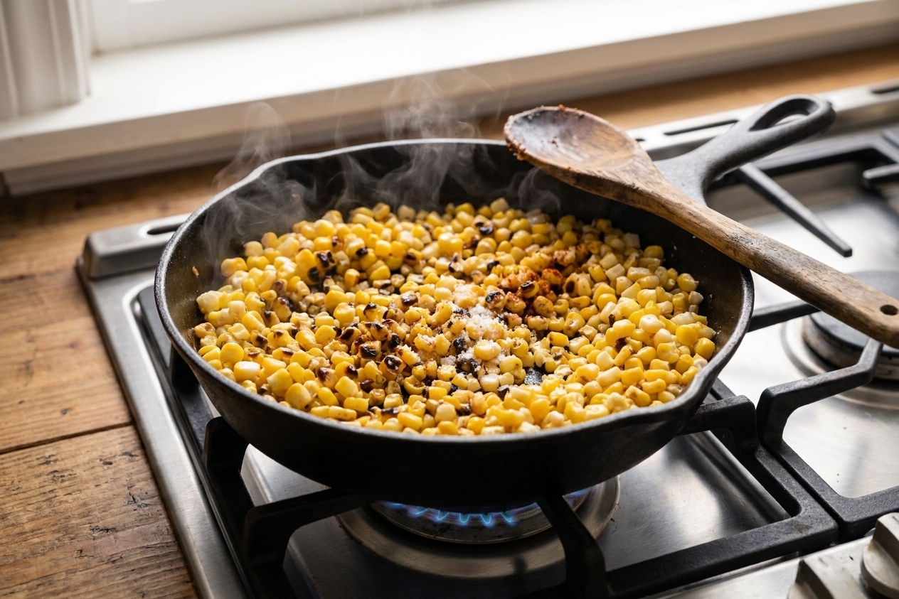 Corn kernels charring in a hot skillet with browned spots, with a wooden spoon nearby on a stovetop
