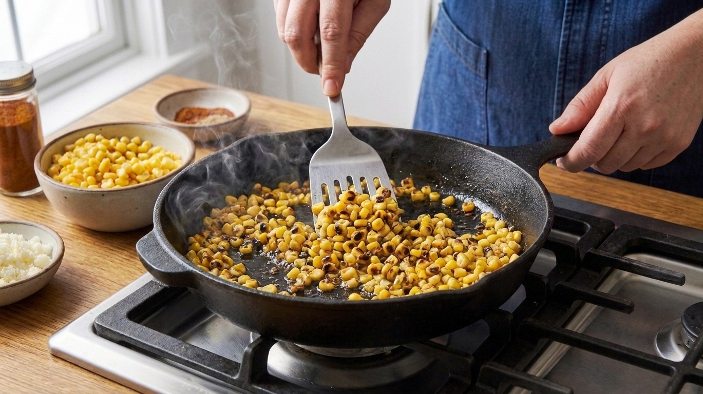 Corn kernels charring in a hot skillet with browned spots forming on the stovetop