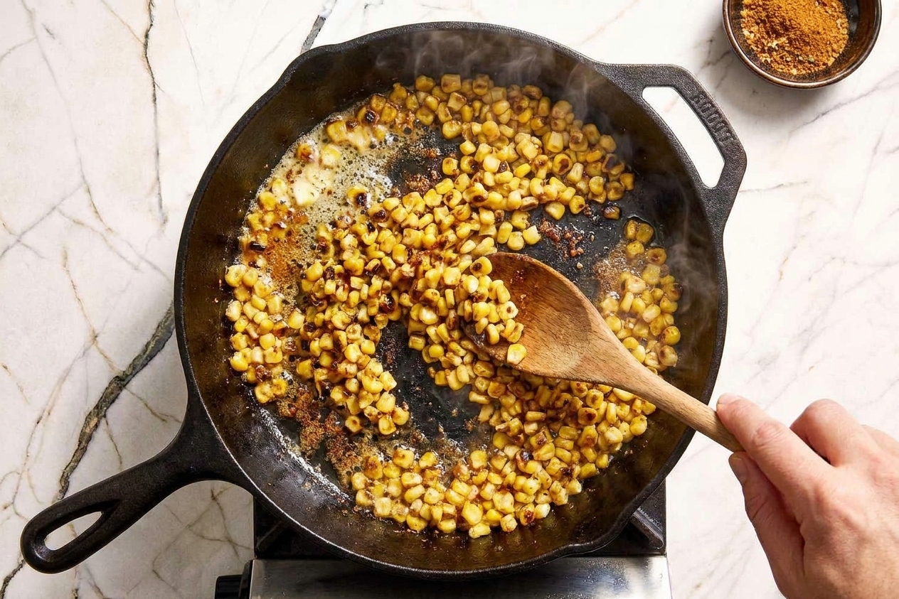Corn kernels charring in a skillet with melted butter and browned bits, with a wooden spoon stirring