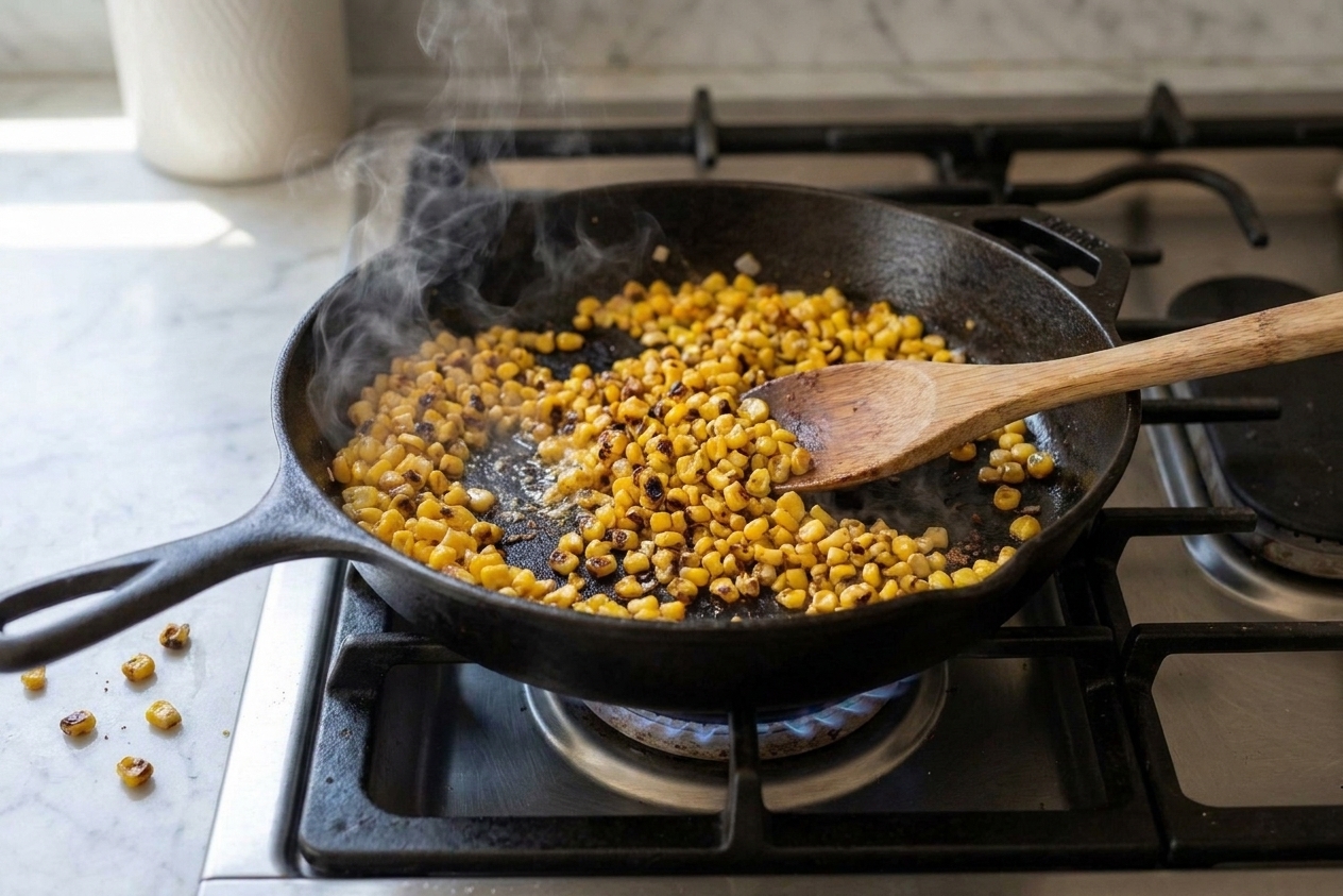 Corn kernels sizzling and charring in a hot skillet on a stovetop, with a wooden spoon nearby