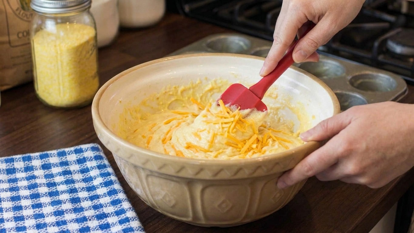 Corn muffin batter in a bowl with shredded cheddar being folded in using a rubber spatula