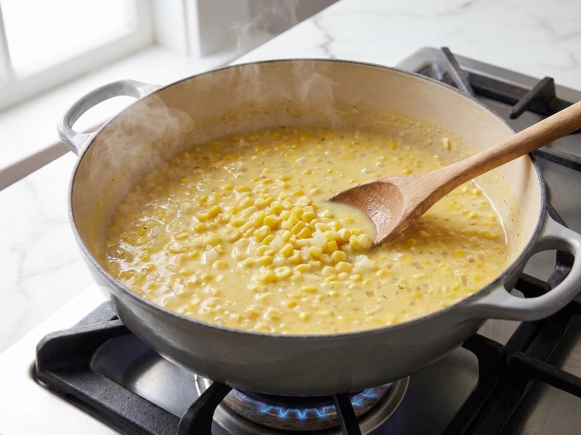 Corn soup base simmering in a pot with visible corn kernels and diced vegetables, steam rising