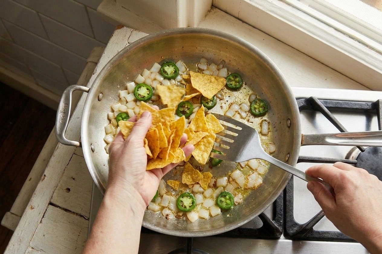 Corn tortilla chips being tossed in a skillet with sautéed onions and peppers on a stovetop