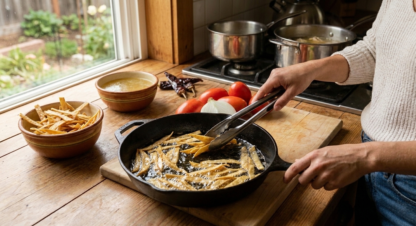 Corn tortilla strips sizzling in a shallow skillet of oil on a home stove, turning golden and crisp