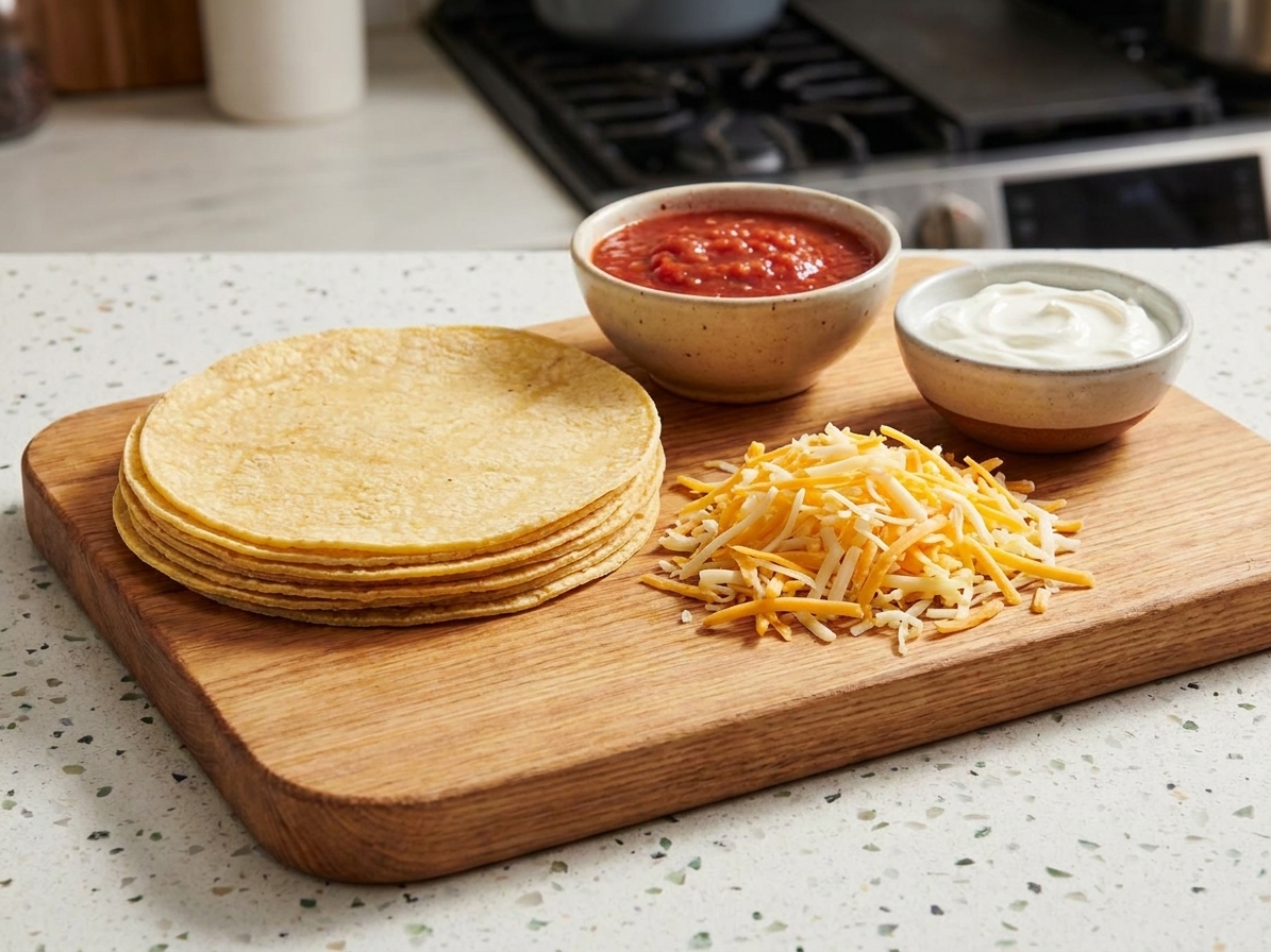 Corn tortillas and shredded Mexican blend cheese on a cutting board beside small bowls of salsa and sour cream on a kitchen counter