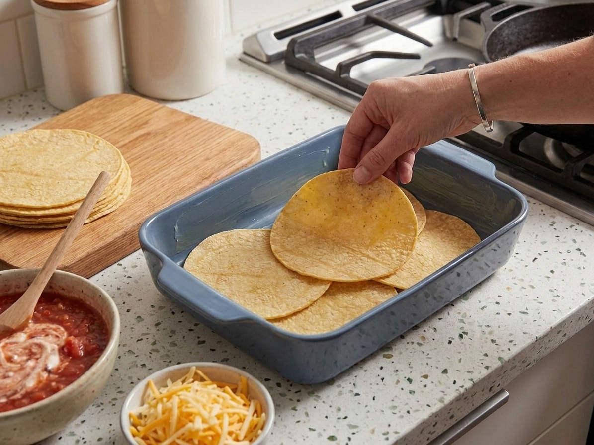 Corn tortillas being overlapped in a greased baking dish to form the first layer of a Mexican lasagna on a kitchen counter