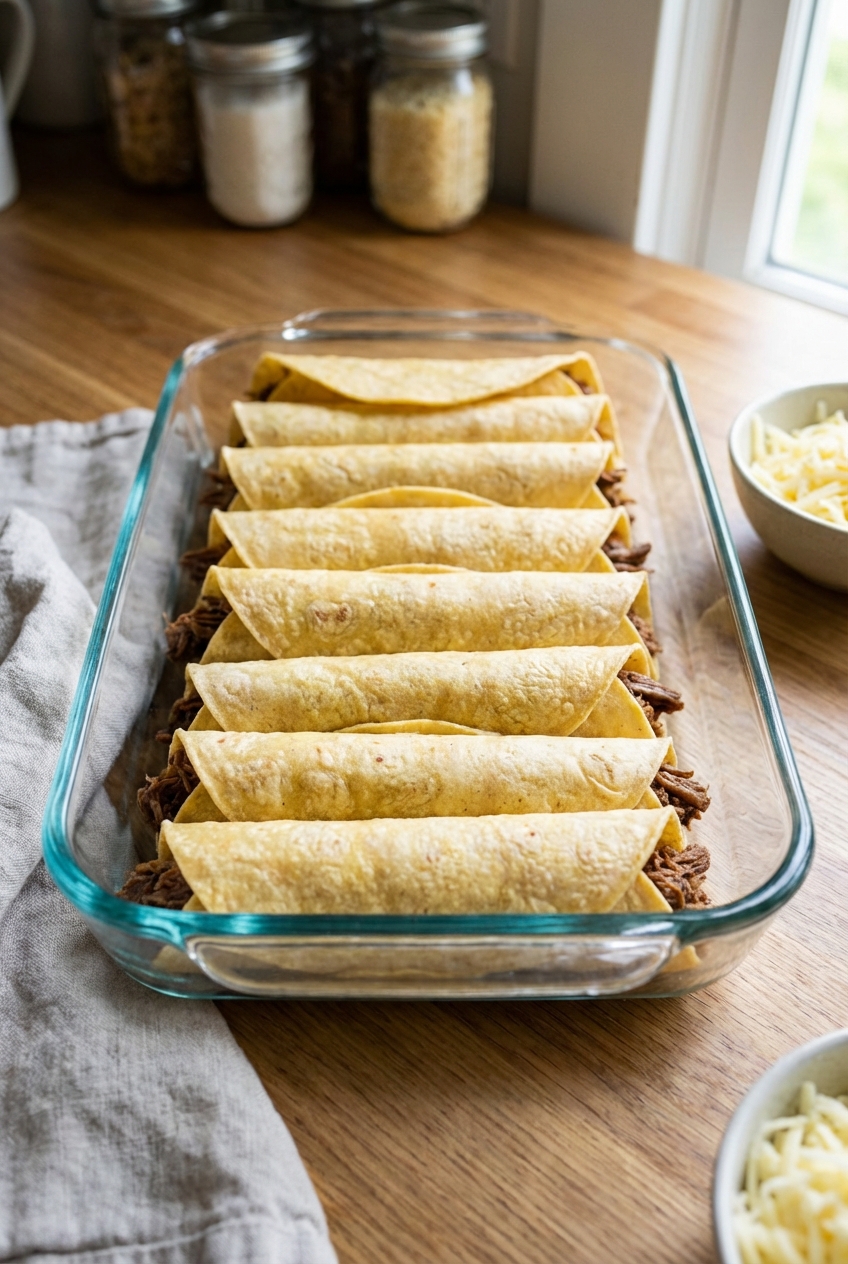 Corn tortillas filled with beef lined up seam-side down in a baking dish before sauce is added