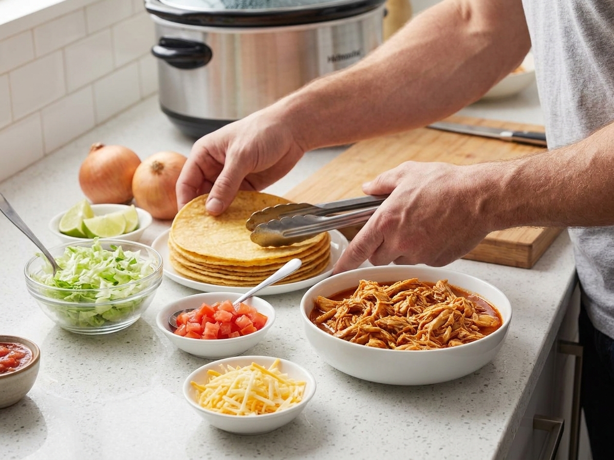 Corn tortillas stacked beside bowls of shredded lettuce, diced tomatoes, shredded cheese, and shredded chicken on a kitchen counter
