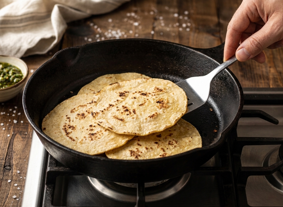 Corn tortillas warming in a dry cast iron skillet on a stovetop