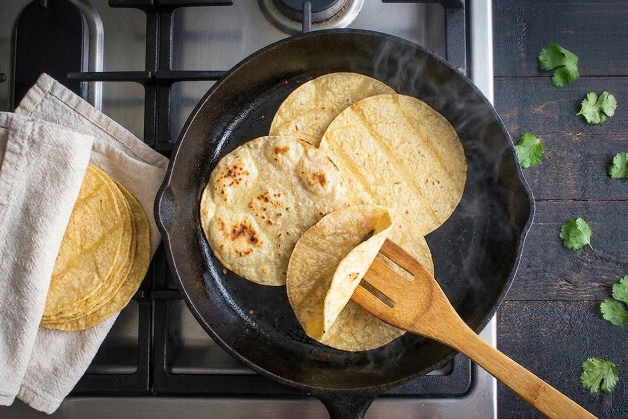 Corn tortillas warming in a dry skillet on a stovetop with a towel nearby for keeping them warm