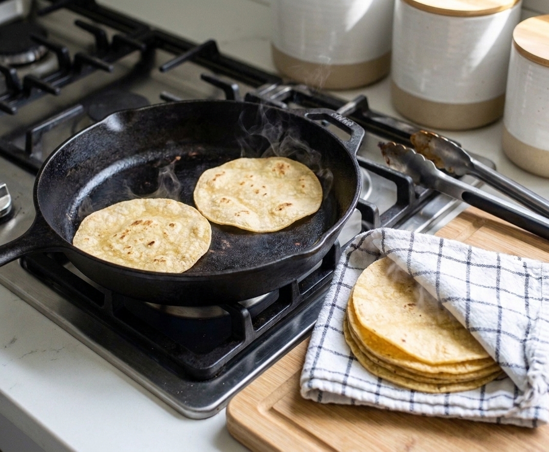 Corn tortillas warming in a dry skillet on a stovetop with a stack of warmed tortillas wrapped in a towel nearby